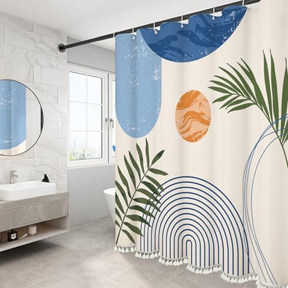 Boho Mid Century Leaf Shower Curtain Set,Arch Sun Design,Minimalistic Leaves Pattern,Waterproof and Luxurious Fabric-12 Hooks(Light Blue-72" x 72")