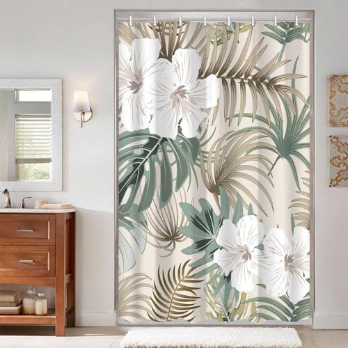 Tropical Shower Curtain for Bathroom, Green Palm Tree Flower Plant Boho Leaf Banana Monstera Sage Beige Shower Curtains Set, Fabric Bathroom Accessories with Hooks 47x64 Inch
