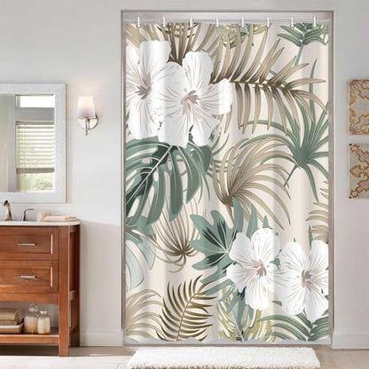 Tropical Shower Curtain for Bathroom, Green Palm Tree Flower Plant Boho Leaf Banana Monstera Sage Beige Shower Curtains Set, Fabric Bathroom Accessories with Hooks 47x64 Inch