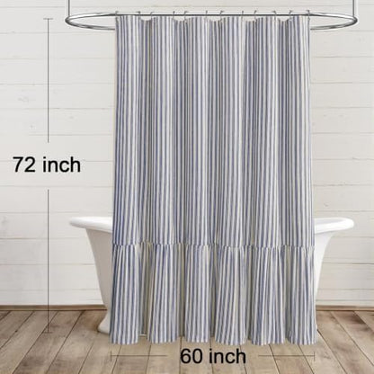 Farmhouse Shower Curtain Ruffle Linen Cream-Blue Stripe 60"W x 72"L