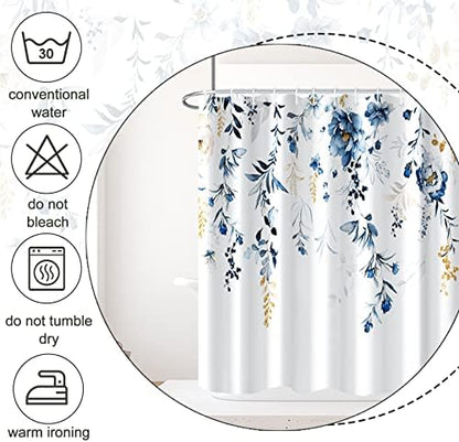 AWERT Blue Plants Shower Curtain with Hooks Watercolor Floral Printed Shower Curtain for Bathroom Washable Bathroom Accessories Bathtub Decor 72x78inch