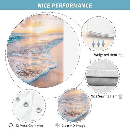 Ocean Beach Coastal Nautical Summer Sunset Shower Curtain for Bathroom 72W*72H Inch Seaside Seacoast Beachy Waves Bathtub Decor Seascape Neutral Cool Waterproof Polyester Fabric Set with 12 Hooks