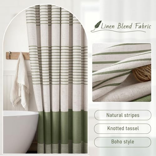 Sage Green Boho Linen Striped Shower Curtain with Tassel 72"W X 90"L
