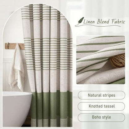 Sage Green Boho Linen Striped Shower Curtain with Tassel 72"W X 90"L