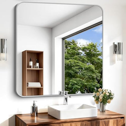 Silver Bathroom Mirror, 36 x 36 Inch Square Mirrors for Wall, Aluminum Metal Framed Vanity Mirror, Rounded Corner Wall Mounted Mirror for Over Sinks Living Room Bedroom Entryway