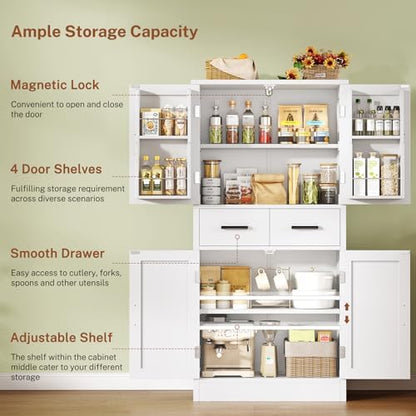 Pantry Cabinet with 4 Doors, Kitchen Storage Cabinet with Door Shelves,