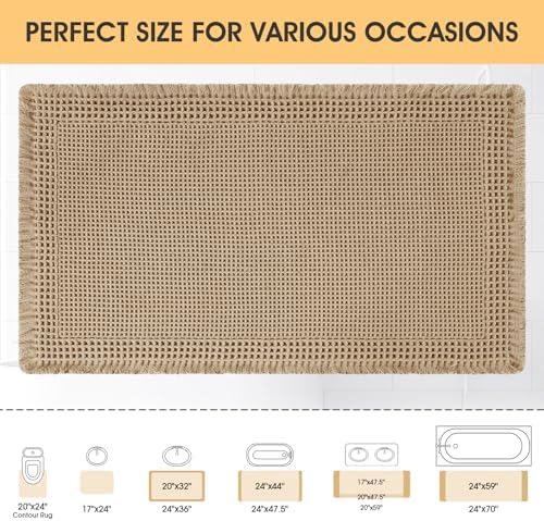 Upgrade Waffle Bath Mat, Boho Bathroom Rugs Absorbent Non Slip, Ultra Soft Bathroom Mat, Machine Washable Knit Bath Rugs with Border for Bathroom, Bedroom, Kitchen, Shower, Tub, 36"x24", Beige