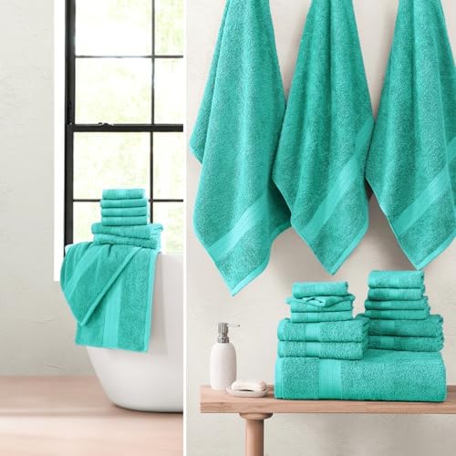LANE LINEN 24 PCs 100% Cotton Bath Towels Set - Quick Dry, Ultra Soft & Ultra Absorbent - 4 Bath, 4 Fingertip, 6 Hand Towels, 8 Washcloths, 2 Bath Sheets - Home & Guest Bathroom Towels - Teal