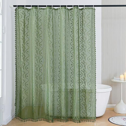 WAZZIO Dark Sage Green Lace Shower Curtain for Bathroom 72" W x 84" L, Victorian Farmhouse Floral Pattern Tassel Fancy Shower Curtain Boho Washable Cloth Decorative Bath Curtains,1 Panel