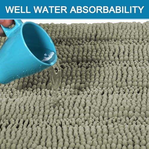 H.VERSAILTEX Bathroom Rug Sets 2 Piece Bath Mats Non Slip Thick Soft Chenille Striped Bath Rug achine Washable Shower Floor Rugs for Tub, Shower and Floor (Eucalyptus Green, 36"x24" Plus 20"x24" U)