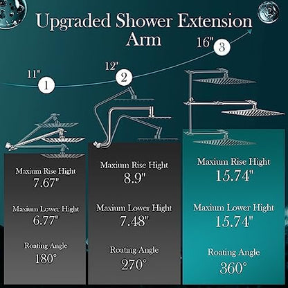 12 Inch Rain Shower Head Combo,5 Spray Handheld with 16" Extension Arm