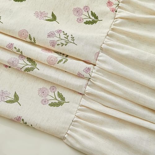 ORTIGIA Linen Textured Ruffle Shower Curtain 72x72 Inch with Metal Hooks, Vintage Pink Floral Flowers Block Print Boho Waterproof Bath Curtain for Rustic Farmhouse Bathroom Decor