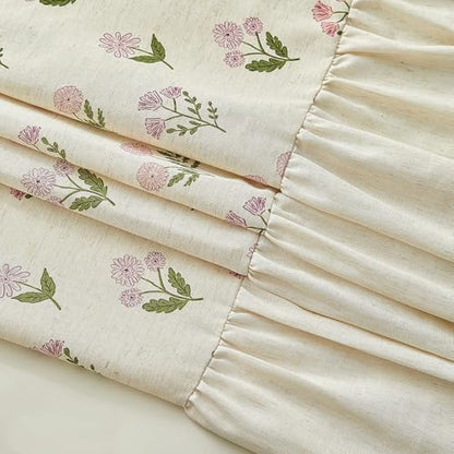 ORTIGIA Linen Textured Ruffle Shower Curtain 72x72 Inch with Metal Hooks, Vintage Pink Floral Flowers Block Print Boho Waterproof Bath Curtain for Rustic Farmhouse Bathroom Decor