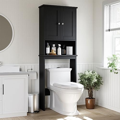 Shintenchi Over the Toilet Storage Cabinet, Bathroom Shelf Organizer with Anti-Tip Device Small Freestanding Space Saver with Adjustable Shelf，Black
