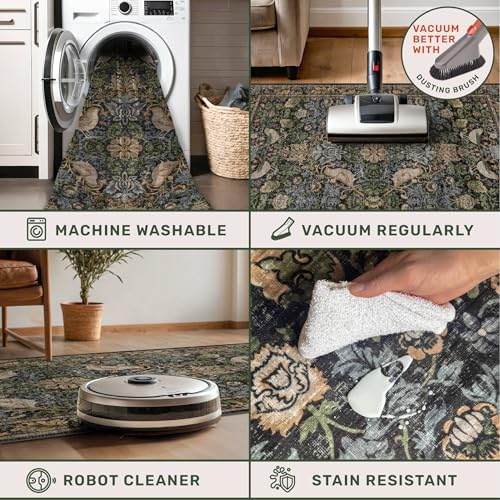 Floral Kitchen Runners - 2x7 Long Runner Rug for Hallway Bathroom Laundry Room Bedroom Beside Bed Entryway, Boho Birds Leaves Patterned Non Slip Low Pile Washable Rugs