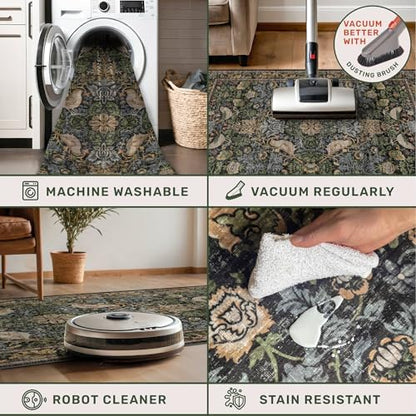 Floral Kitchen Runners - 2x7 Long Runner Rug for Hallway Bathroom Laundry Room Bedroom Beside Bed Entryway, Boho Birds Leaves Patterned Non Slip Low Pile Washable Rugs