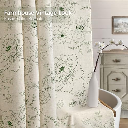 Farmhouse Floral Vintage Shower Curtain for Bathroom, Green Embroidered