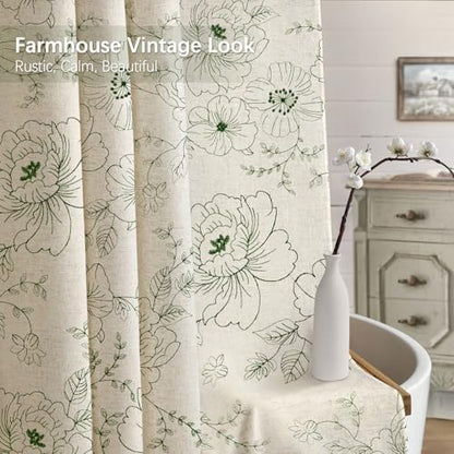 Farmhouse Floral Vintage Shower Curtain for Bathroom, Green Embroidered