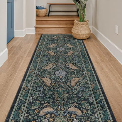 Hazo Haus Boho Vintage 2'6"x8' 8ft Hallyway Long Runner Rug - Non Slip Washable Front Door Rug Indoor Entrance, Kitchen, Bathroom, Low Pile & Soft Woodland Floral Kitchen Floor Mats