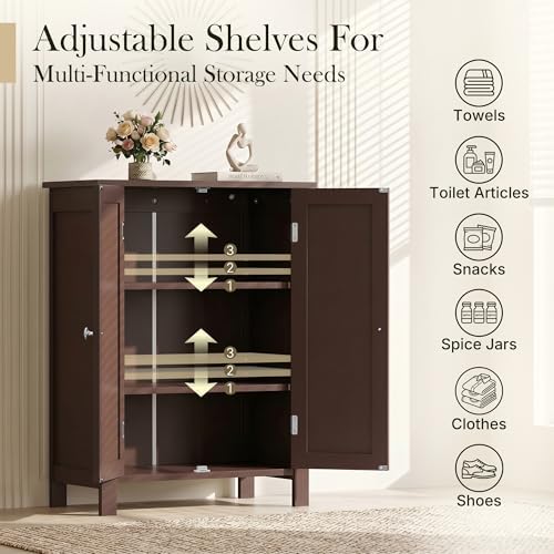 ZENY Bathroom Floor Storage Cabinet with Double Door + Adjustable Shelf, Wooden Organizer Cabinet for Living Room, Bathroom, Bedroom, Modern Home Furniture (Brown)
