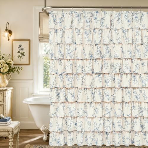 Extra Long Farmhouse Ruffle Shower Curtains with Blue Floral, 72"Wx90"L