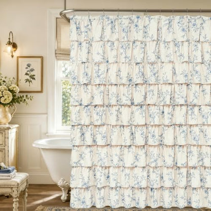 Extra Long Farmhouse Ruffle Shower Curtains with Blue Floral, 72"Wx90"L