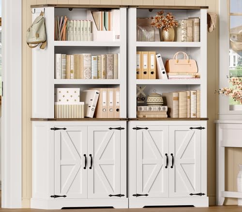TEENFON 70.9in Tall Storage Cabinet with Adjustable Shelves, Kitchen Pantry Cabinet with 2 Barn Doors, 5 Tiers Farmhouse Bookcase for Living Room, Kitchen, Home Office, Bedroom, White
