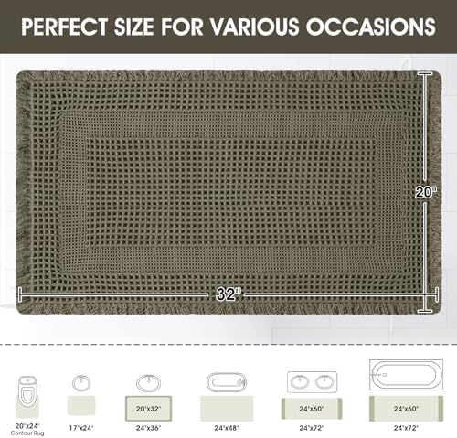 Upgraded Waffle Bath Mat, 32"x20" Greyish Green-Looped, Super Absorbent Non-Slip Quick Dry Bathroom Rugs with Tassels, Machine Washable Ultra Soft Boho Bath Rugs, Toilet Mats Boho Farmhouse Decor