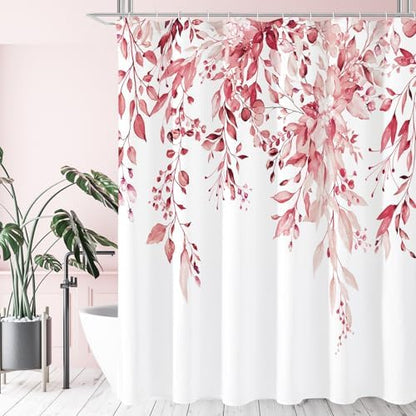 Gibelle Pink Eucalyptus Shower Curtain, Watercolor Floral Print, 72x78