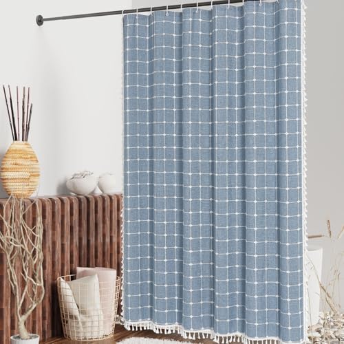 Boho Farmhouse Classic Plaid Linen Tassel Shower Curtain Blue,72x84