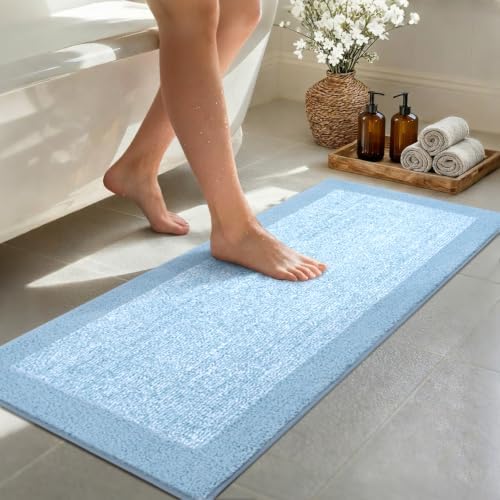 48x17 Bathroom Rugs Non Slip Washable, Soft Absorbent Bath Mat Light Blue