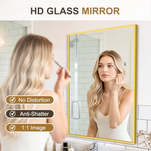 Rectangular Bathroom Mirror, 30"x20" Gold Metal Framed Vanity Mirror