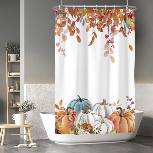 Fall Pumpkin Shower Curtain, Thanksgiving Autumn Maple Leaves Watercolor Floral Harvest Boho Bathroom Curtains with Hooks for Bathroom Bathtubs Decor, Waterproof Polyester Fabric 47x64