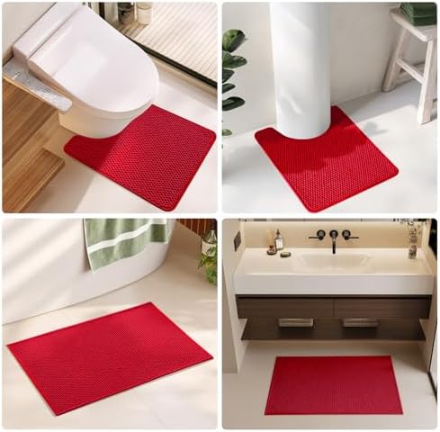 TYUU Christmas Bathroom Rugs Non Slip Washable, Super Absorbent Thin Bath Mat Quick Dry Low Pile Bathroom Rug, Red 20"x48"