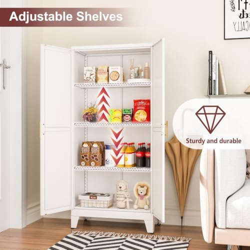 winiowa Metal Pantry Cabinet with 2 Doors and Adjustable Shelves, Kitchen Storage cabinets with Gold Handles, Versatile Storage for Laundry/Living Room,Bathroom,Dinning Room-White