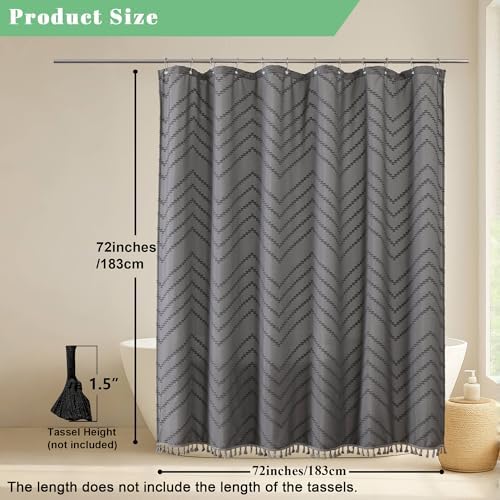 OWENIE Boho Shower Curtain, Grey Fabric Cloth Shower Curtains Farmhouse Tufted Chevron Striped Textured with Tassel for Bathroom, Soft Hotel Style Modern Minimalist, Machine Washable, 72x72, Grey