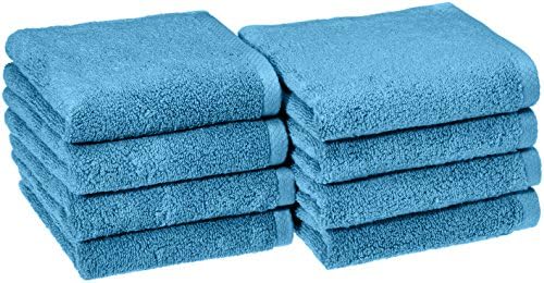 Amazon Basics 8-Pack Lightweight Quick-Dry Hand Towels, 100% Cotton, 28" x 16", Lake Blue