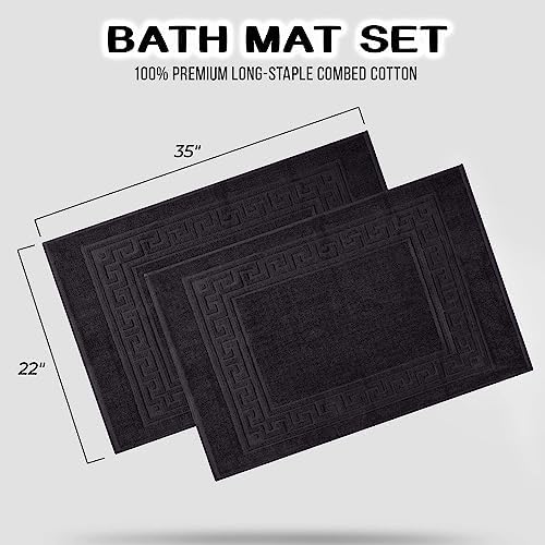 Superior Heavyweight Cotton Bath Mats, Bath Rugs For Bathroom Accessories, Washable Rug For Shower, Bath, Toilet, Modern Decor, No Backing, Luxury Hotel And Spa Quality, Set of 2, 22" x 35", Black