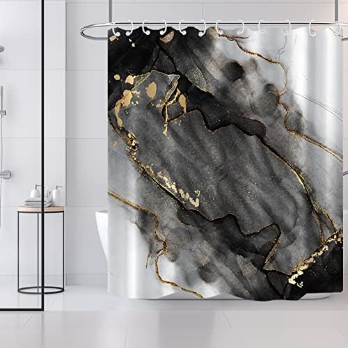 AWERT Dreamy Ink Art Black Glod Marble Shower Curtain for Bathroom Modern High Definition Printing Waterproof Shower Curtain with Hooks Bathroom Decor 72x84inch