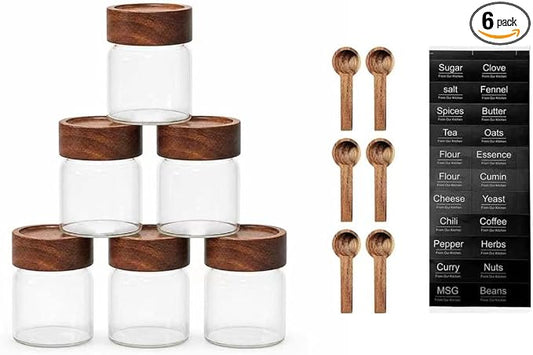 6-Pack 6 fl oz Stackable Glass Jars with Acacia Wood Lids & Spoons, Airtight Food Storage Containers with Labels for Overnight Oats, Spices, Yogurt, Chia Seed Pudding, Kitchen Organization