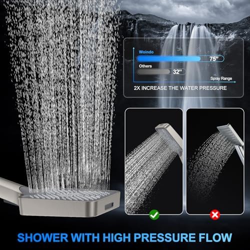 Woindo Shower Faucet Set, 12" Wall Mount Rainfall Shower System with 2 Rain Shower Head and Multi-function Handheld Head Push Button Diverter Shower Faucet Trim Kit