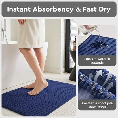 tchdio Bath Mat, Absorbent Bathroom Mat Quick Dry, Thin Bathroom Rugs Fit Under Door, Non Slip Washable Bath Rugs with Solid Rubber Backing, Low Profile Bath Mats for Bathroom, Blue, 24" x 36"