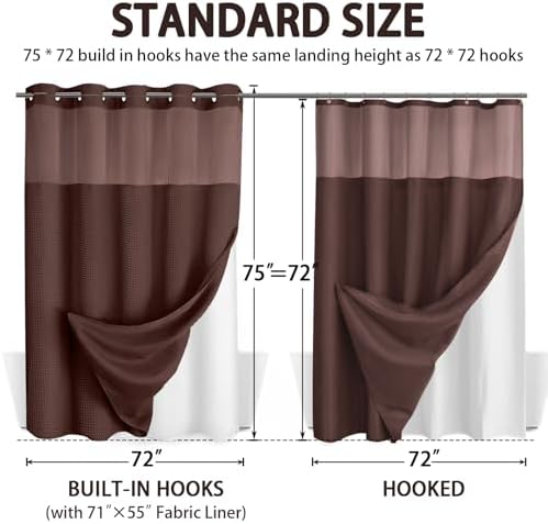 No Hook Shower Curtain with Liner Set Hotel Waffle Curtain Brown 72W X 75L