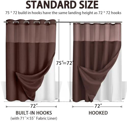 No Hook Shower Curtain with Liner Set Hotel Waffle Curtain Brown 72W X 75L