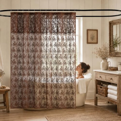 TUDECO Lace Brown Shower Curtain with Attached Valance, 72 x 72 Inch