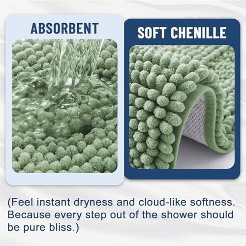 Grandaily Chenille Striped Bathroom Rugs 44x24, Extra Thick and Soft Absorbent Bath Mats, Rubber Backing, Plush Shaggy Shower Carpet, Machine Wash Dry, Bath Rug for Bathroom, Grayish Green