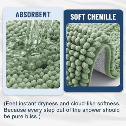 Grandaily Chenille Striped Bathroom Rugs 44x24, Extra Thick and Soft Absorbent Bath Mats, Rubber Backing, Plush Shaggy Shower Carpet, Machine Wash Dry, Bath Rug for Bathroom, Grayish Green