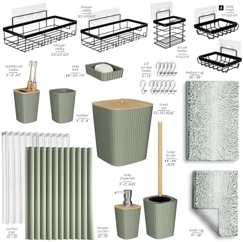 Clara Clark Bathroom Accessories Set - 27PC Bathroom Set with Adhesive Corner Shower Caddy Hanging, Bathroom Sets with Shower Curtain and Rugs, Ombre Sage Green Shower Curtain Set with Trash Can