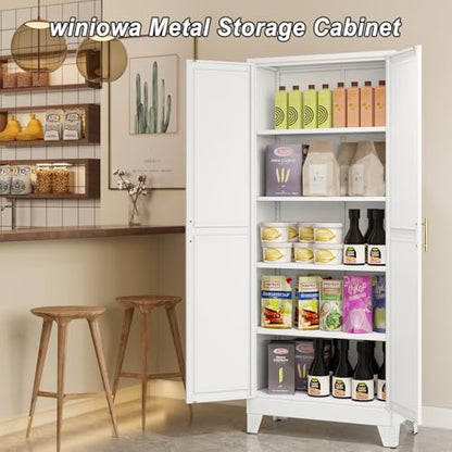 winiowa Metal Pantry Cabinet with 2 Doors and Adjustable Shelves - 71" Kitchen Storage Cabinet with Gold Handles - Versatile Storage for Kitchen, Bathroom, Dining Room, Utility Room - White