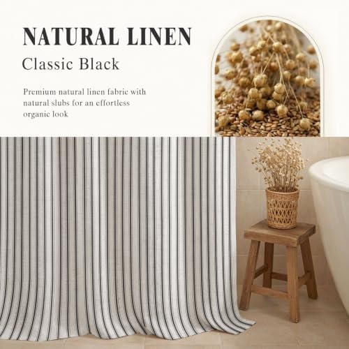 Farmhouse Striped Shower Curtain Black Vintage Linen Curtain 72"W X 72"L